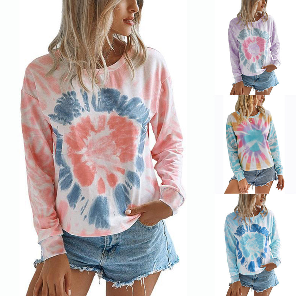 Ladies Casual Long Sleeve T-Shirt with Modern Tie-Dye Design Ivyshape