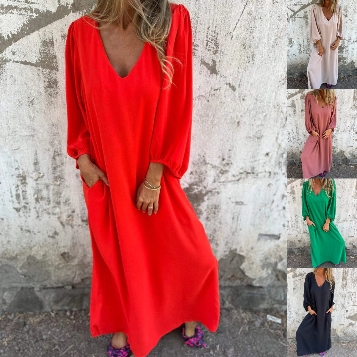 Women's maxi dress with deep V-neck and casual pockets Ivyshape