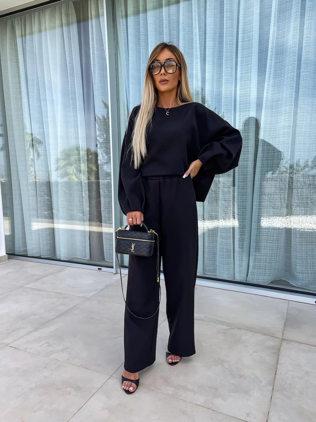 Women elegant two-piece set with oversized blouse and wide pants Ivyshape