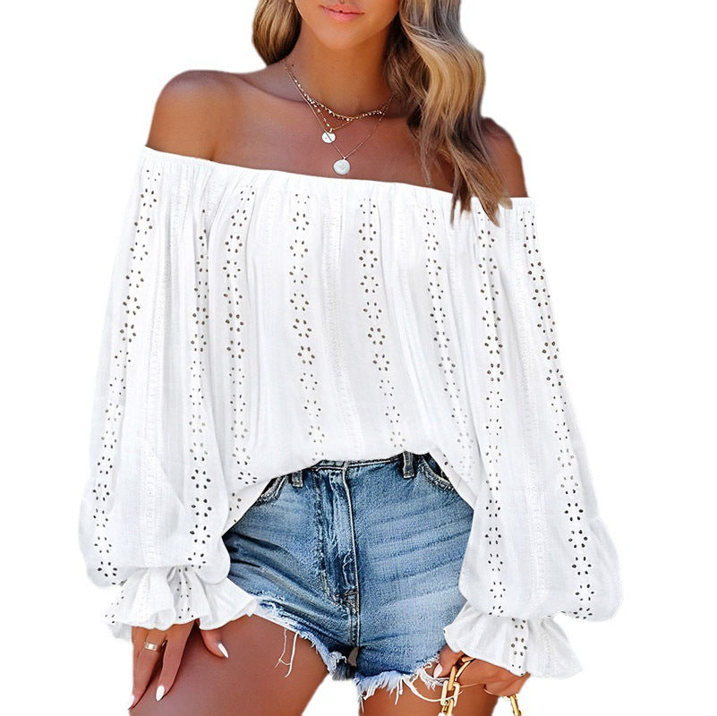 IvyShape | Unique Hollow Out One-Shoulder Lantern Sleeve Top