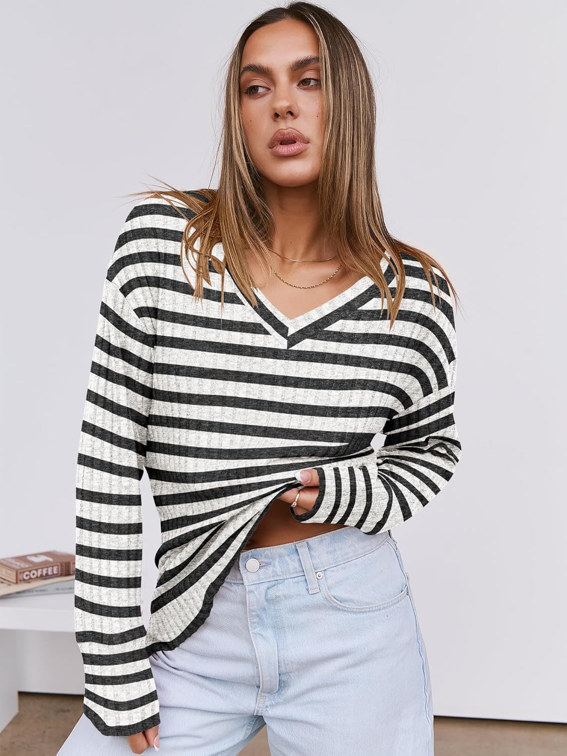 Ivyshape | Striped V-Neck Sweater