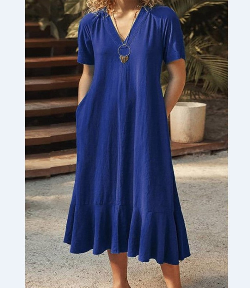 IvyShape | Casual Short Sleeve Cotton-Linen A-Line Long Dress