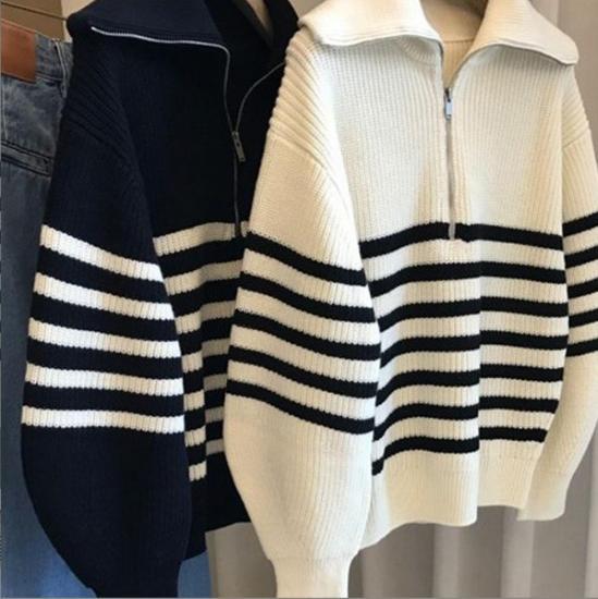 IvyShape | Color-Blocked Striped Half-Open Zipper Sweater