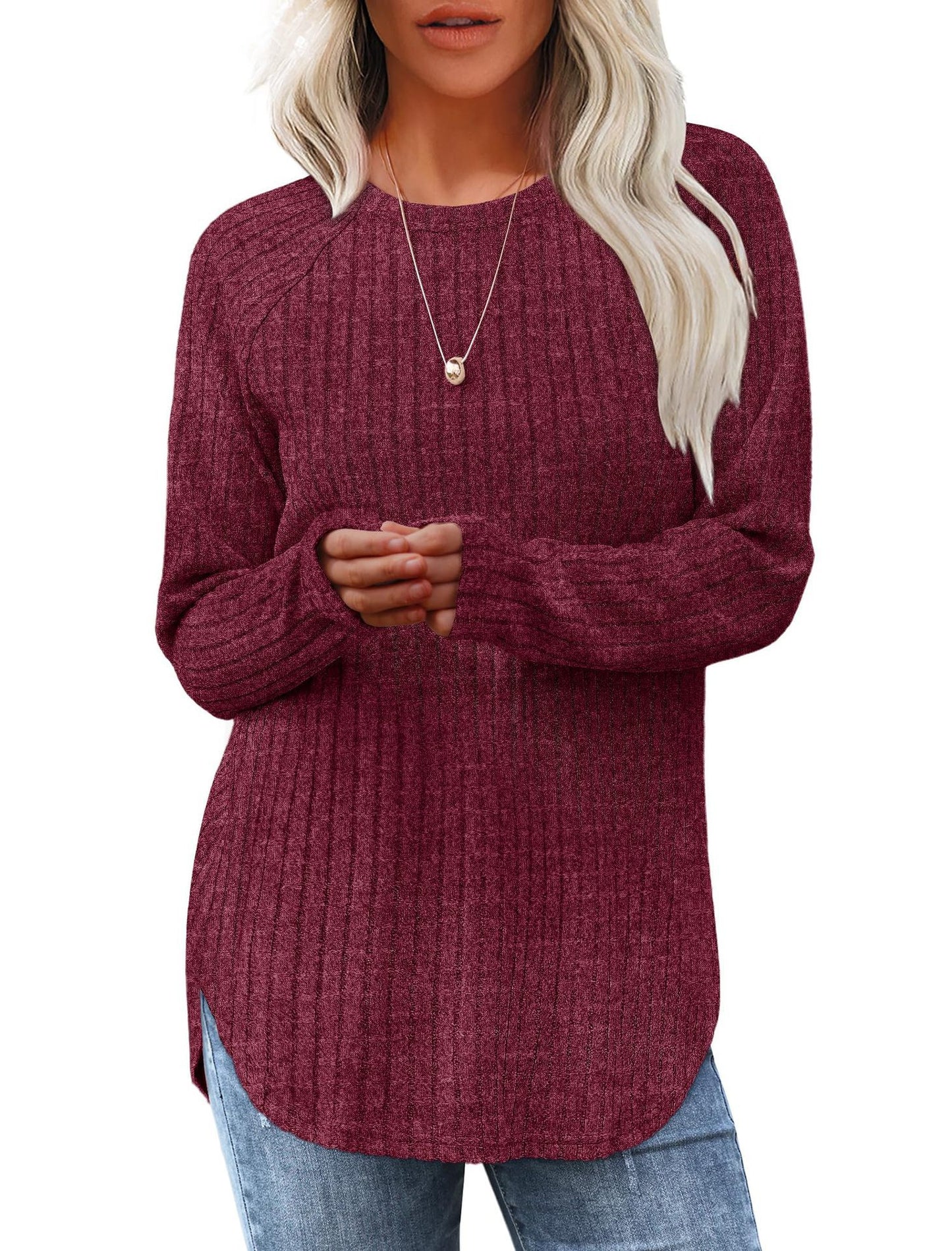 Women casual long sleeve sweater with textured rib design Ivyshape