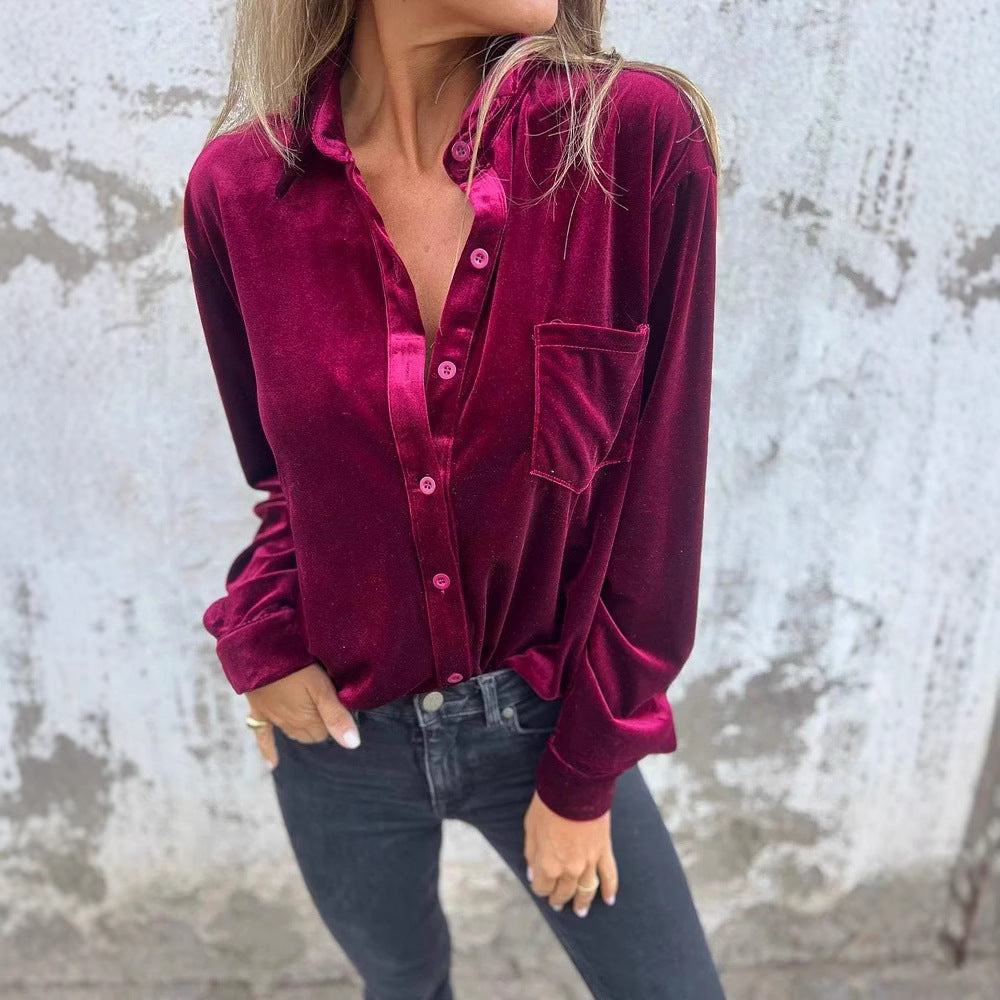 Women's Elegant Velvet Blouse with Classic Shirt Collar and Long Sleeves Ivyshape