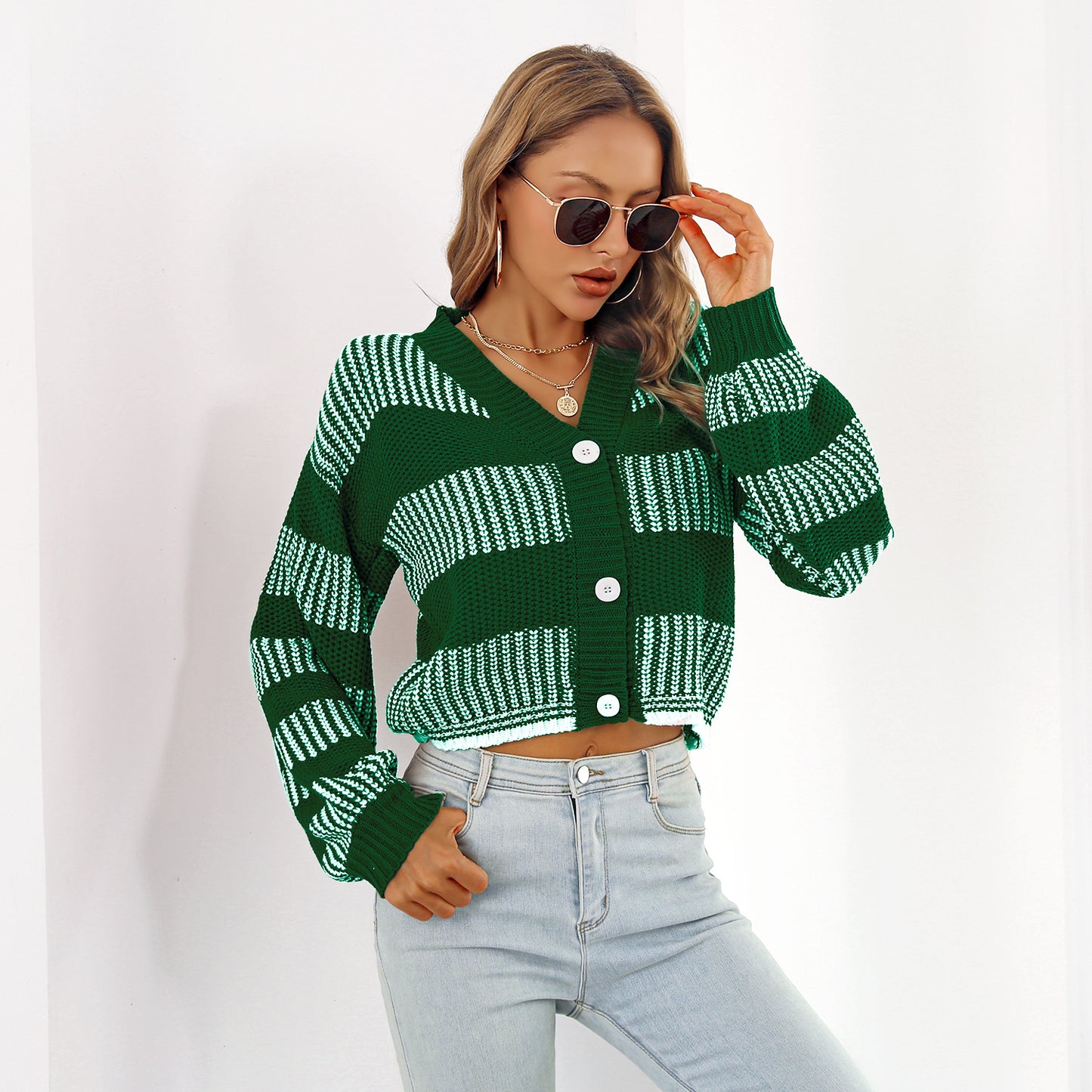 Ladies fashionable short sweater with a large V-neck and special stripe patterns Ivyshape