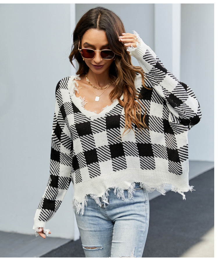 IvyShape | V-neck fringe sweater