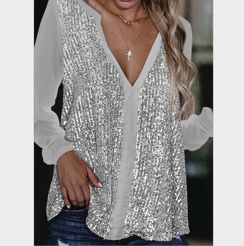 Ladies' fashionable, glamorous top with V-neck and glitter details Ivyshape