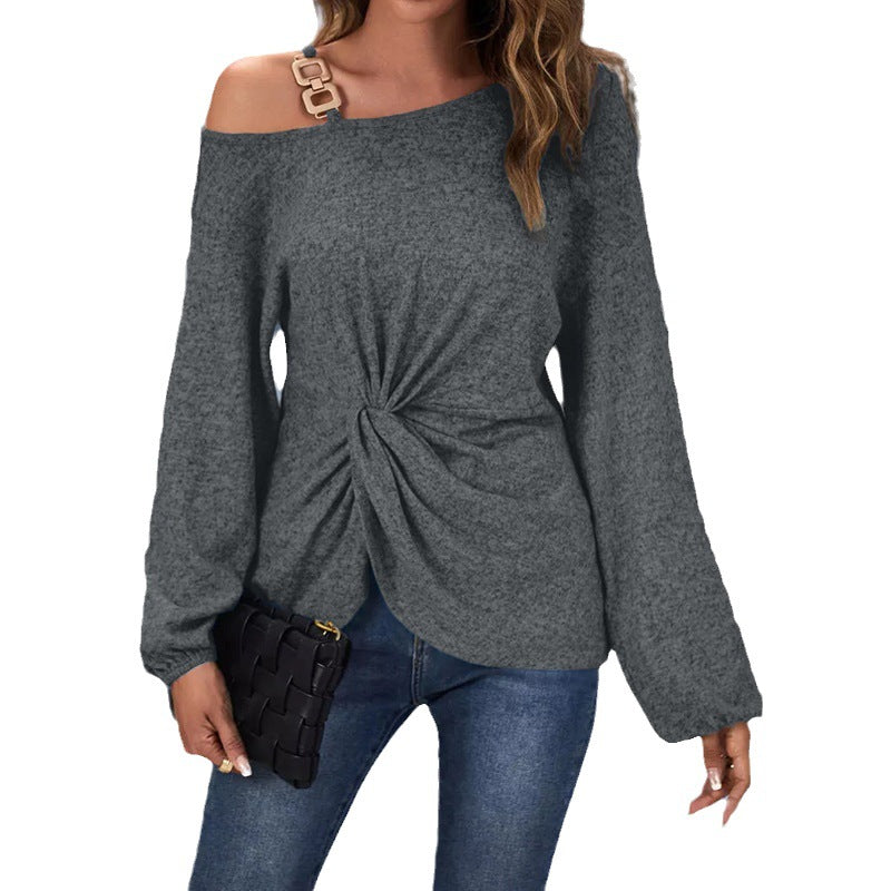 IvyShape | Asymmetric Metal Buckle Pleated Hem Long Sleeve Tee