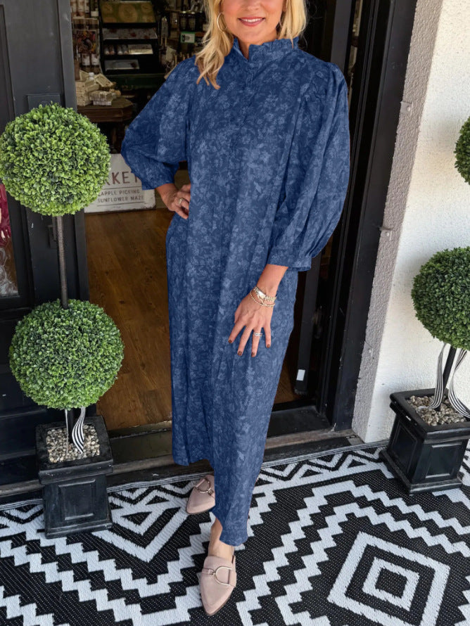 Women Elegant Maxi Dress with Stand Collar and Wide Sleeves Ivyshape