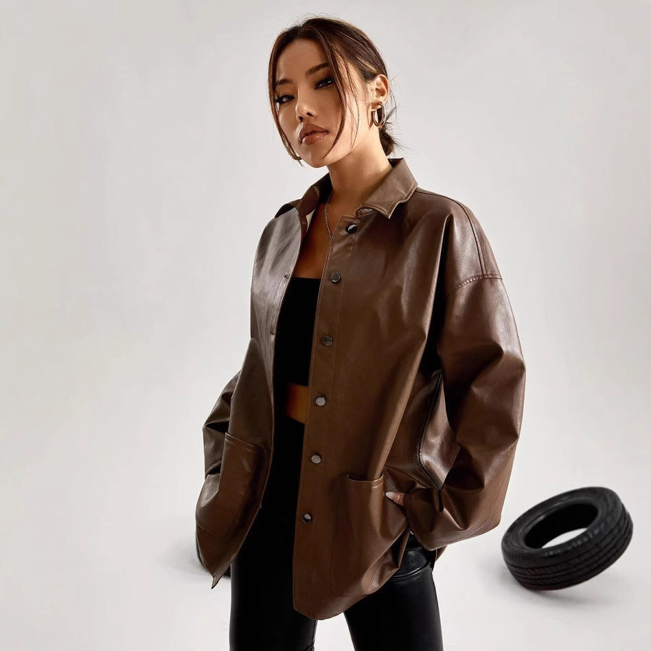Ladies Stylish Oversized Leather Jacket Ivyshape