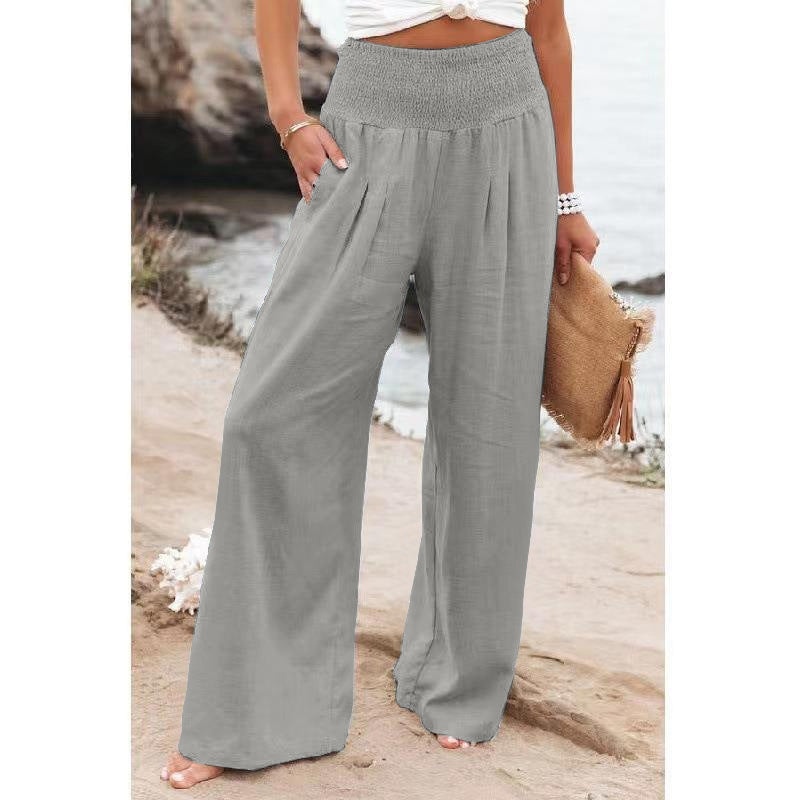 Women wide linen pants with elastic waistband and pleats Ivyshape