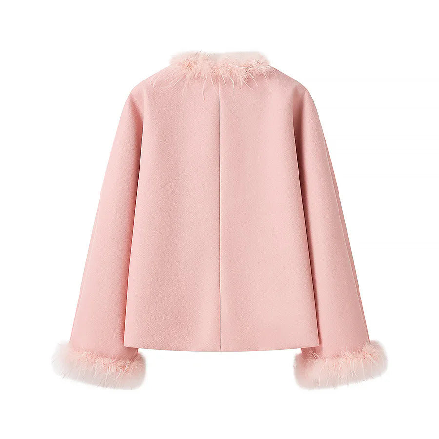 Women elegant wool jacket with fluffy collar and practical pockets Ivyshape