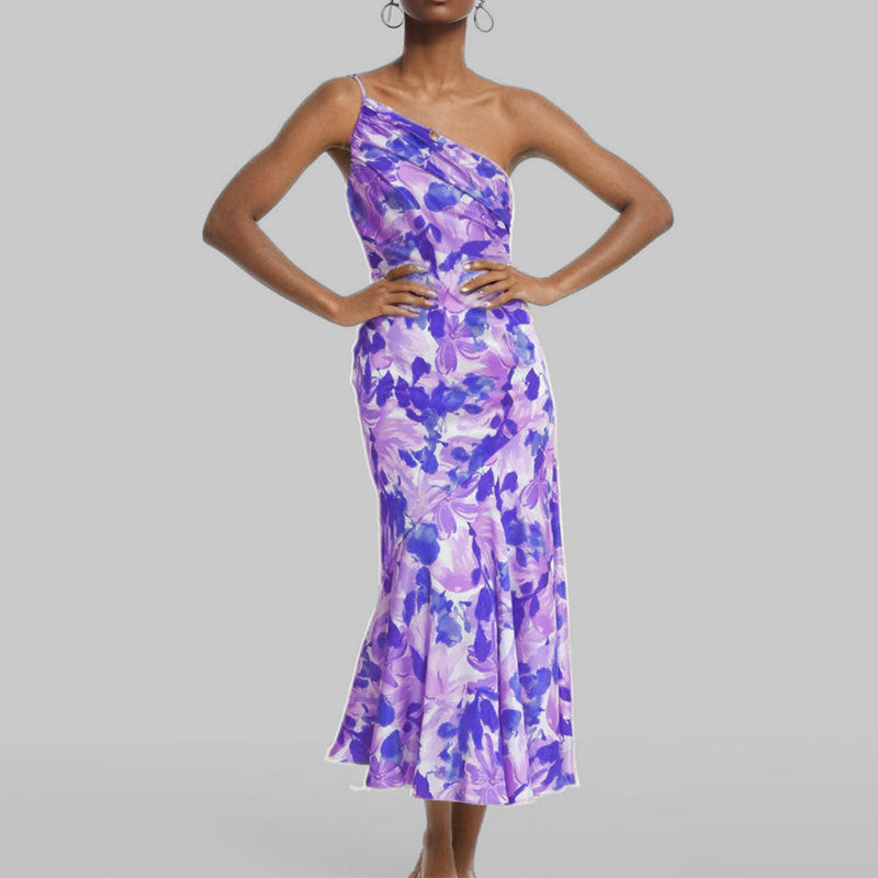 IvyShape | Asymmetric Neck Strap Mermaid Print Dress