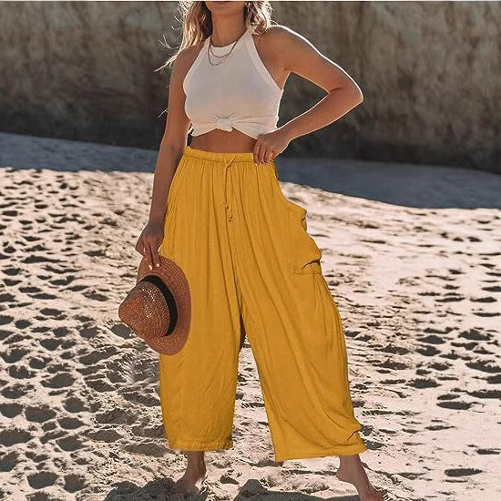 Ladies casual chino pants with high waistband and practical side pockets Ivyshape