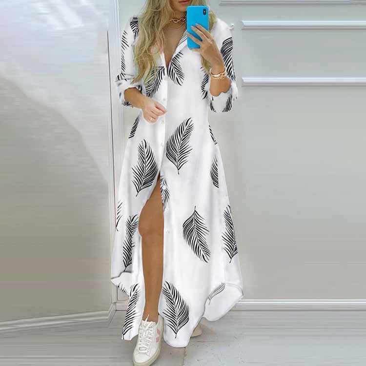 IvyShape | Printed Single-Breasted Split Shirt Dress