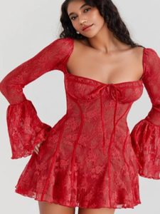 Women Playful Lace Dress in Boho Style with Long Sleeves and Delicate Gathering Ivyshape