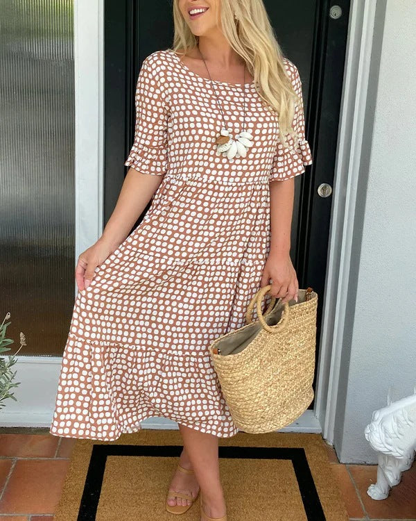 Women's Summer Midi Dress with Charming Dot Pattern and Elastic Waist Ivyshape