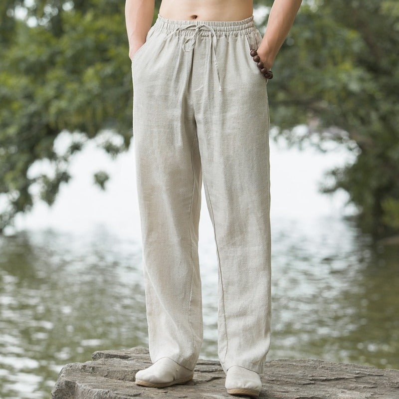 Men's casual linen pants with elastic waistband and practical side pockets Ivyshape