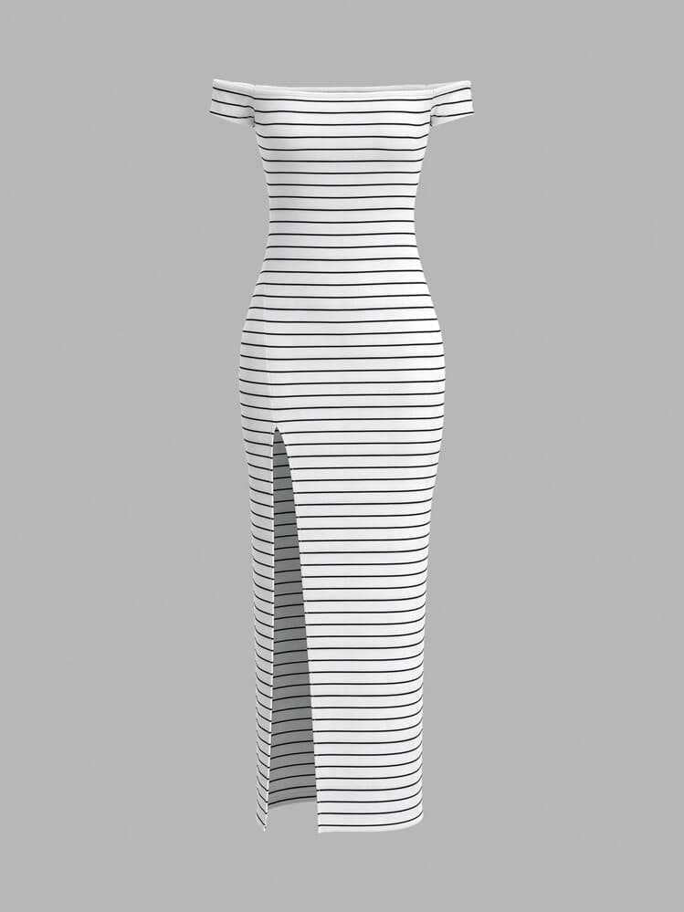 Women Figure-Hugging Dress with Off-Shoulder Neckline and Slit Ivyshape