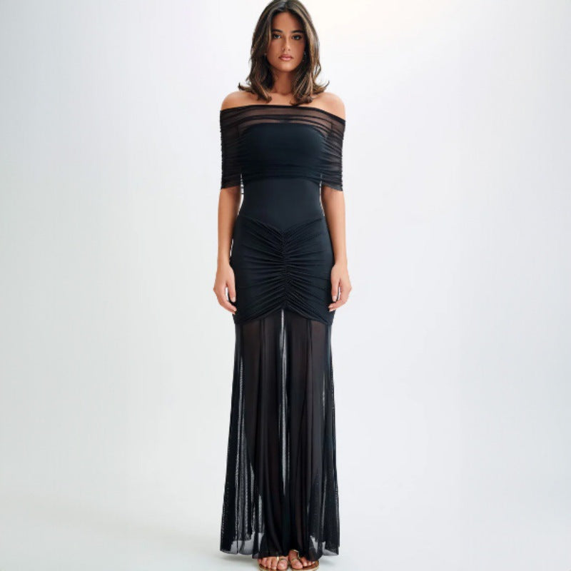 Women Elegant Tailored Maxi Dress with Off-Shoulder Design and Ruffle Details Ivyshape