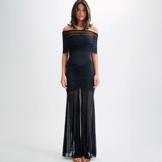 Women Elegant Tailored Maxi Dress with Off-Shoulder Design and Ruffle Details Ivyshape