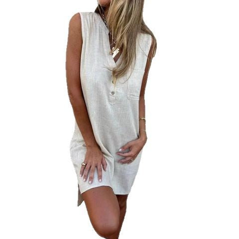Women sleeveless button closure shift dress Ivyshape