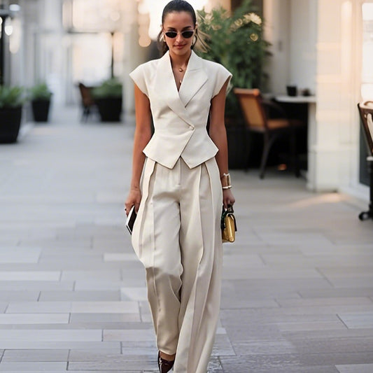Women Fashionable Pantsuit with Tailored Blazer and Wide Leg Cut Ivyshape
