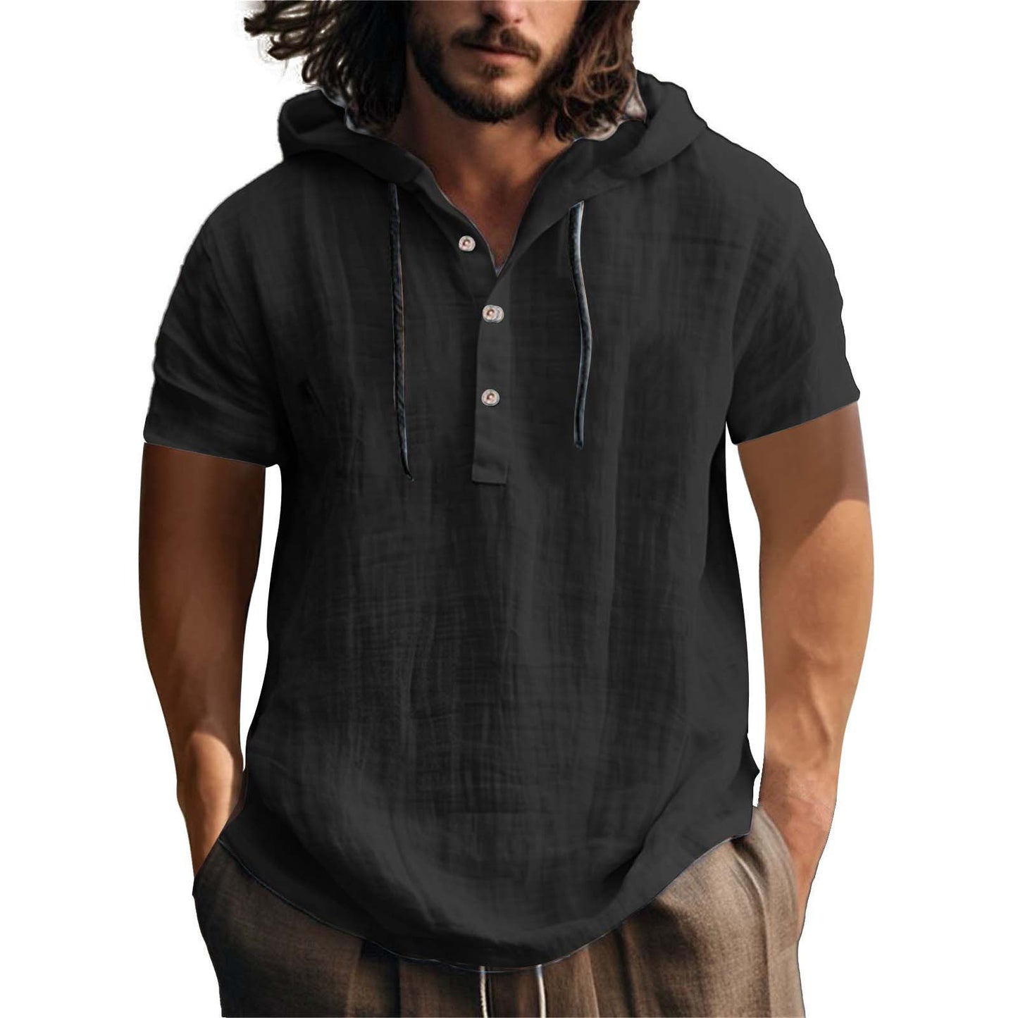 Men's Casual Short Sleeve Hoodie with Placket Ivyshape
