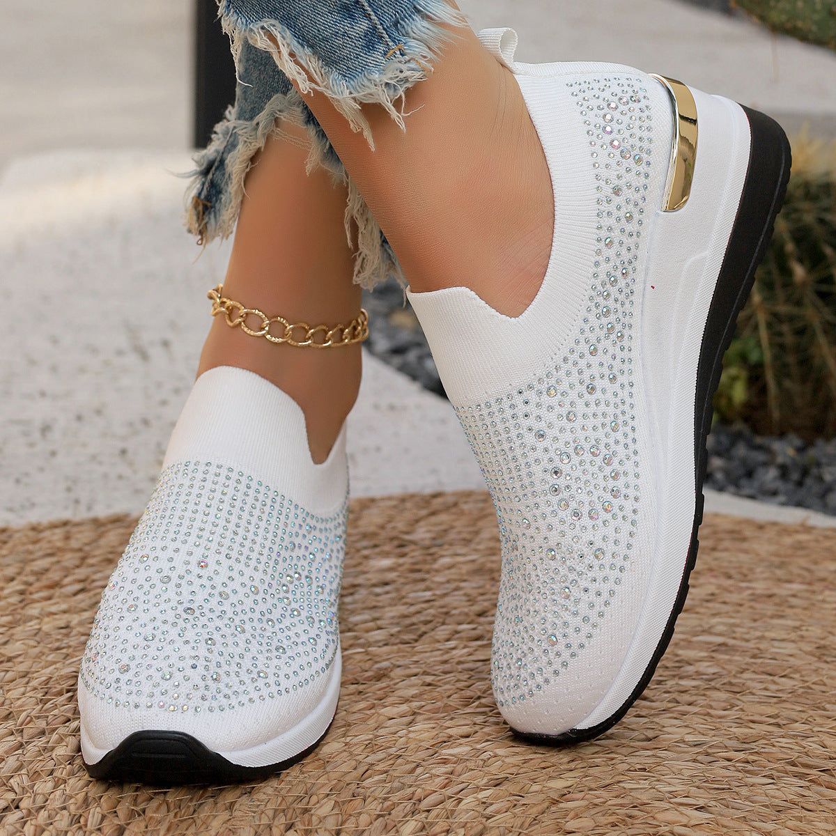Women Elegant Slip-On Sneakers with rhinestone-embellished details and non-slip sole Ivyshape