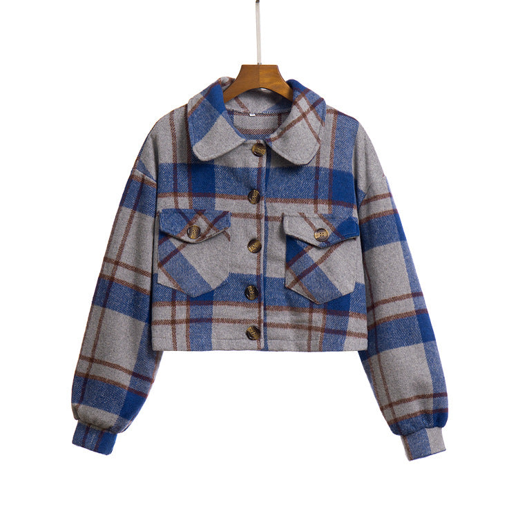 Women's fashionable plaid jacket with cropped cut and practical pockets Ivyshape