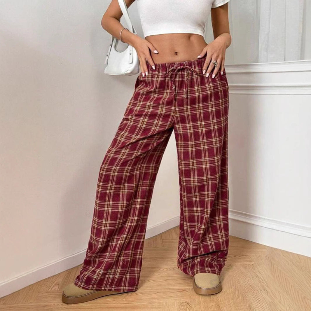 Women Wide Check Trousers with Elastic Waistband and Practical Pockets Ivyshape
