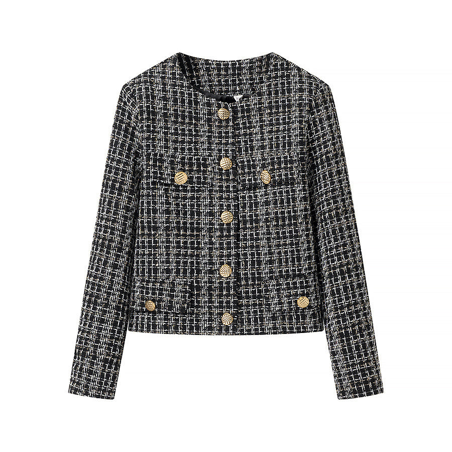 Women elegant tweed jacket with gold buttons Ivyshape
