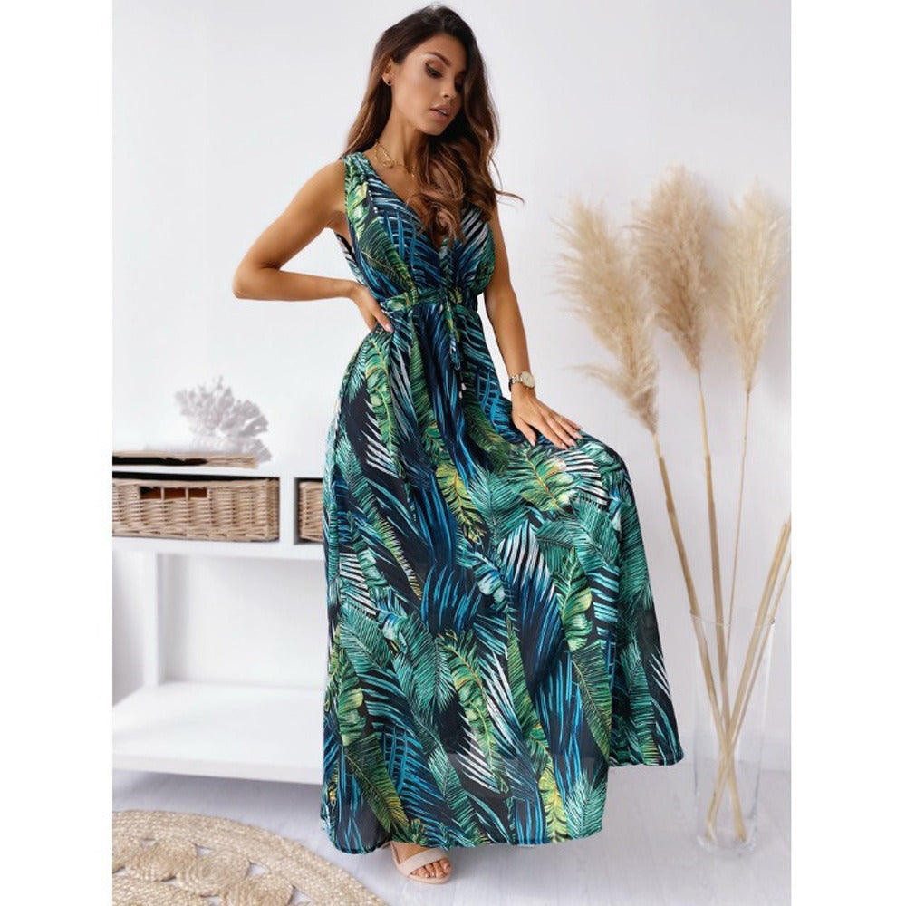 Ladies Maxi Dress with elegant V-neck and elaborate tropical design Ivyshape