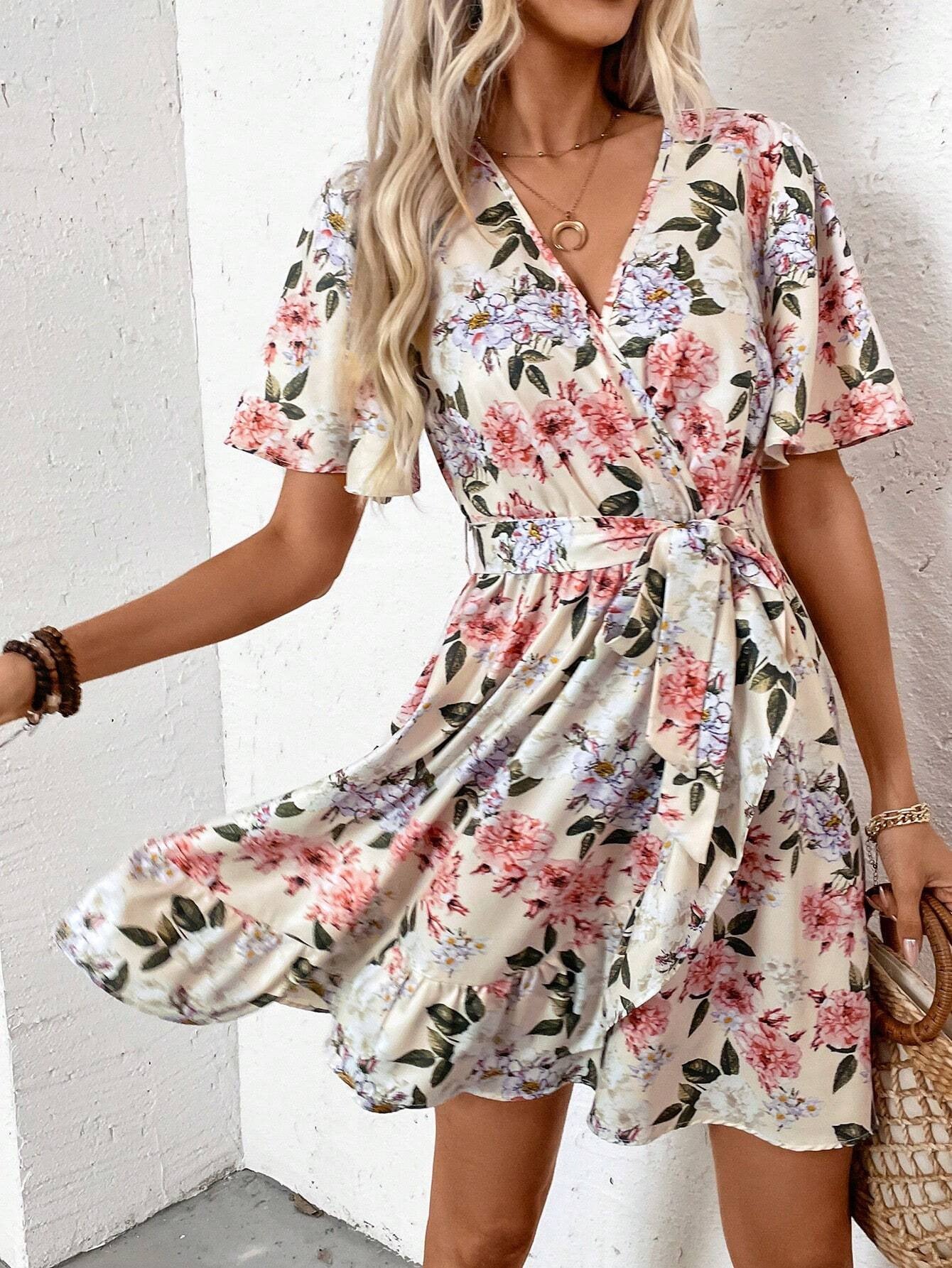 IvyShape | V-Neck Ruffled Sleeve Belted Loose Hem Dress