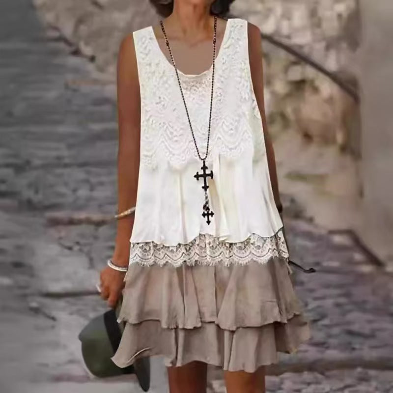 Women's summer midi dress with ruffle details and lace Ivyshape