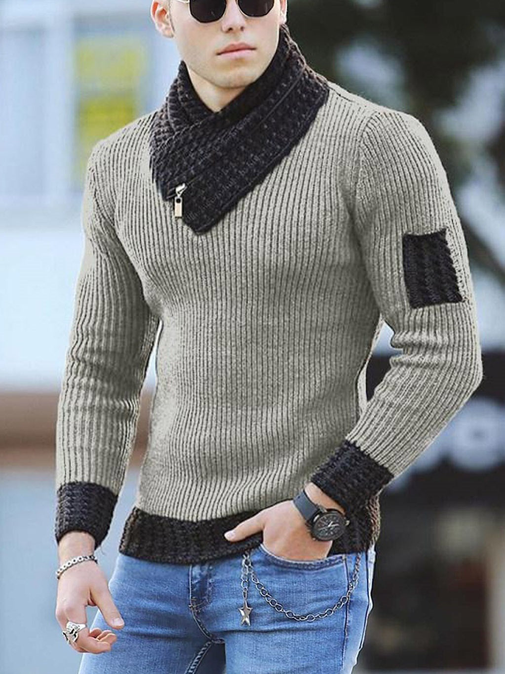 Men's knitted pullover with modern collar and zipper Ivyshape