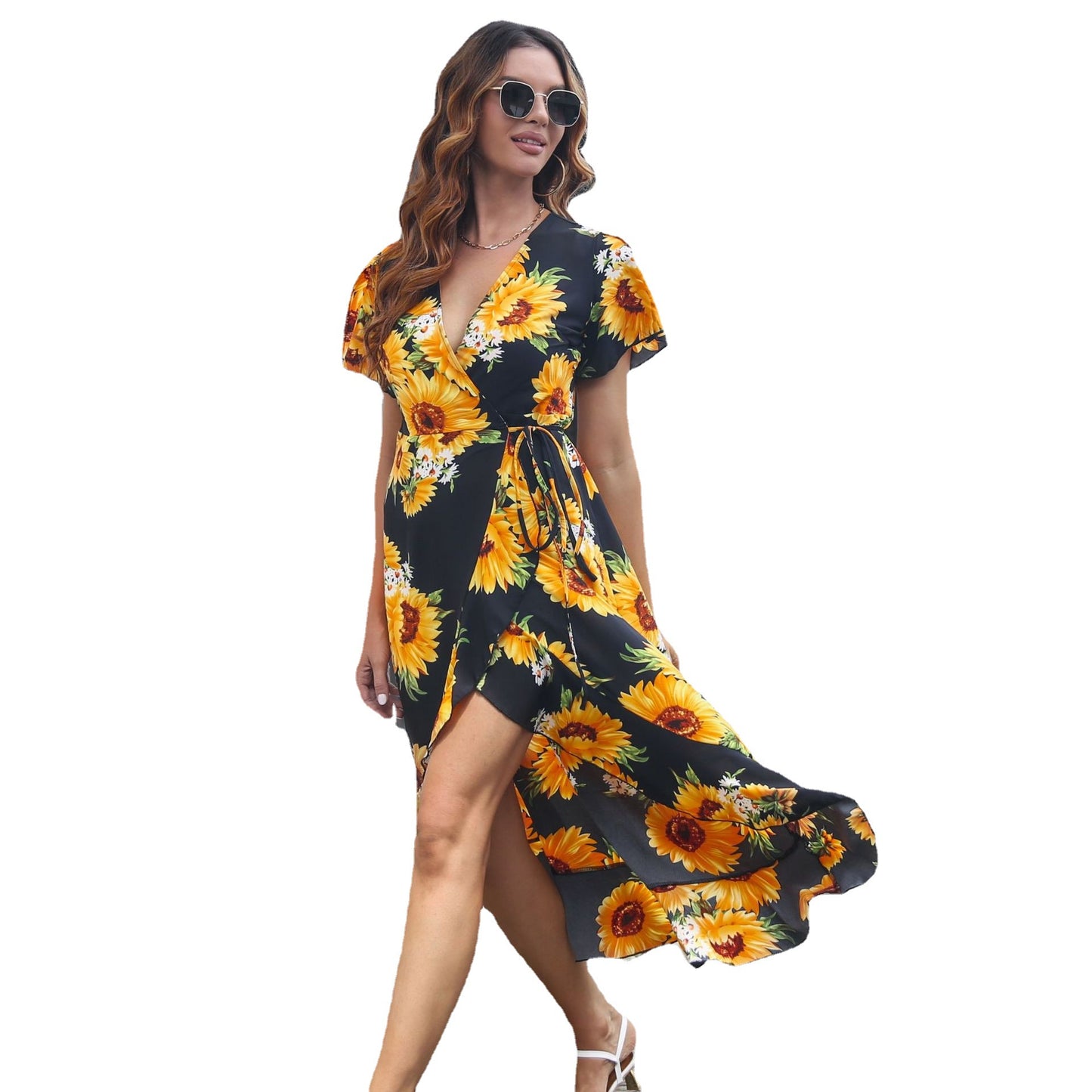 Ladies max dress with elegant V-neckline, a flattering cut and light ruffle details Ivyshape