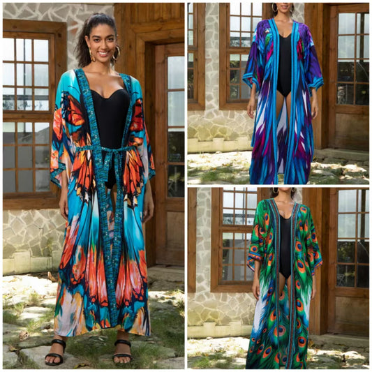 Ladies Shawl Kimono with Vibrant Feather Designs Ivyshape