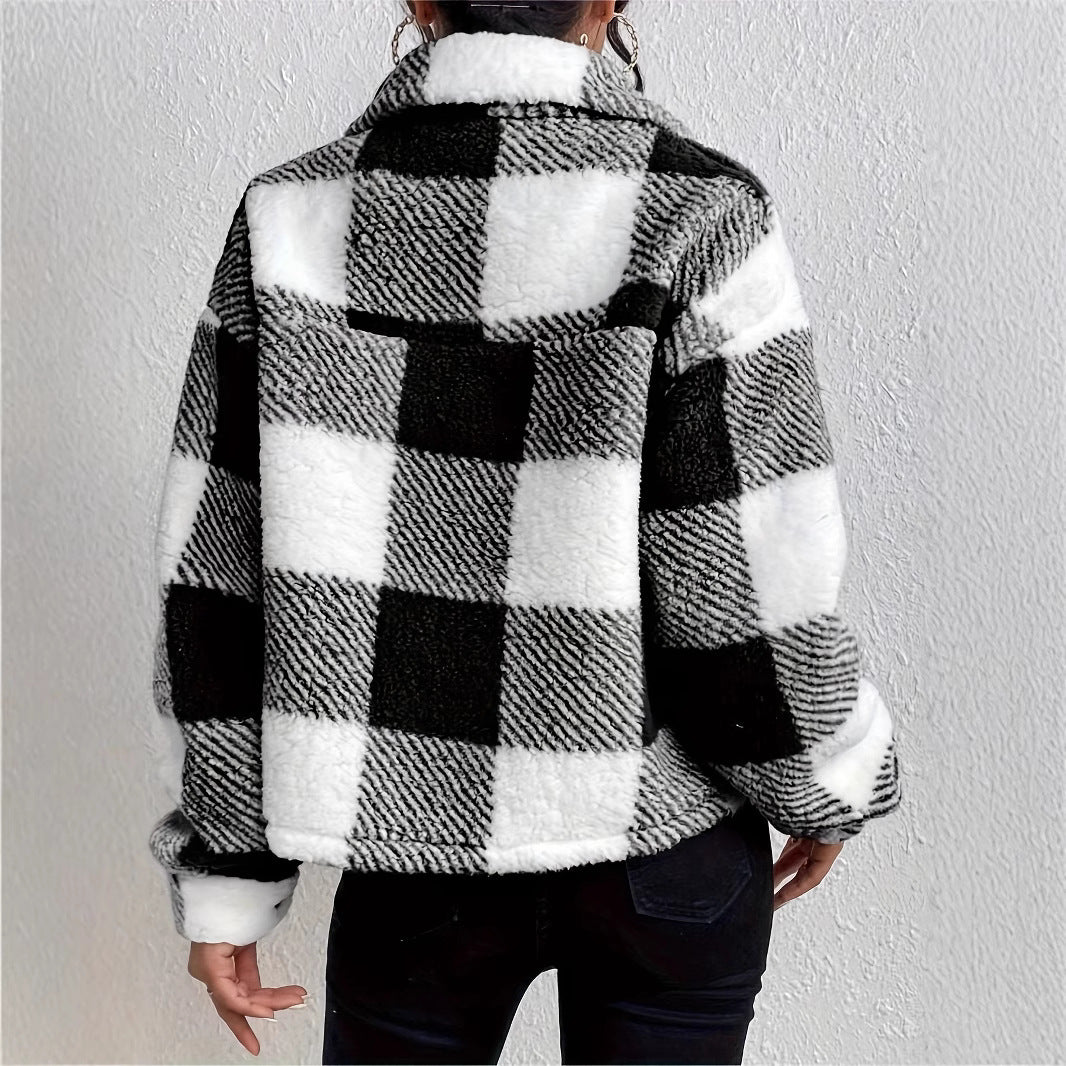 Women's Cosy Check Jacket with Fold-Down Collar Ivyshape