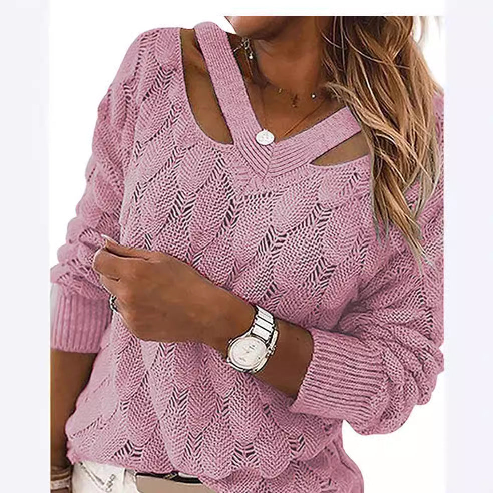 Women's casual knit sweater with V-neck and unique cut-out design Ivyshape
