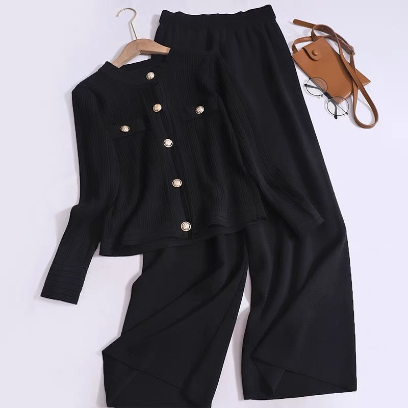 IvyShape | Long sleeve cardigan and wide cut pants set