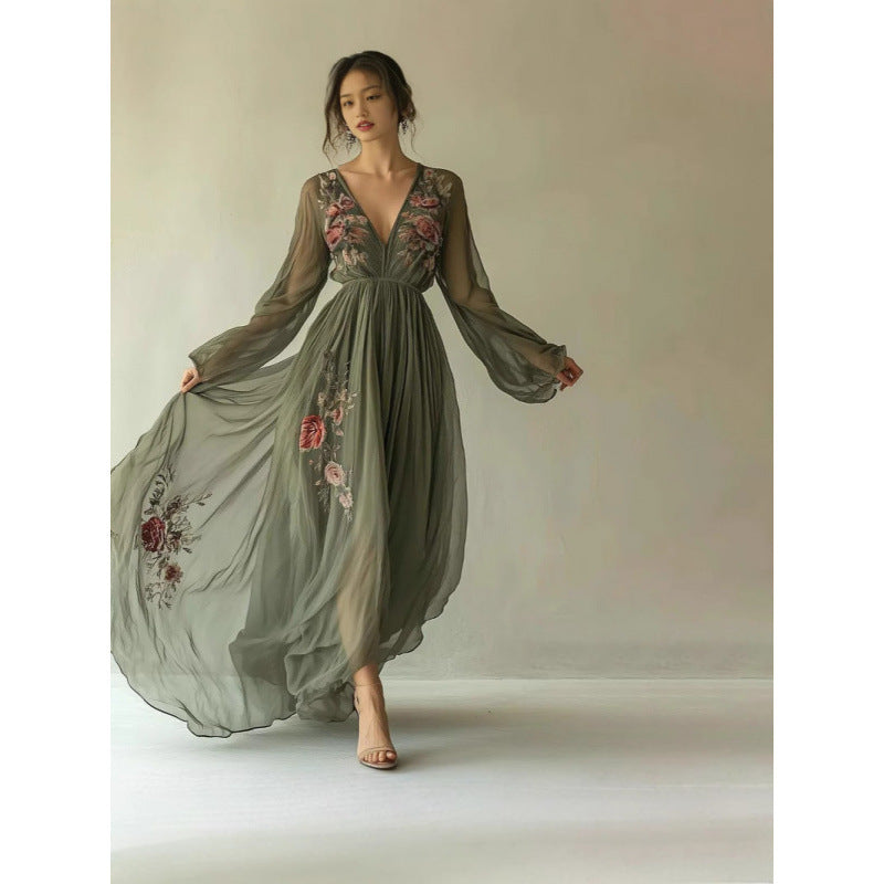 Women Embroidered Chiffon Maxi Dress Ivyshape