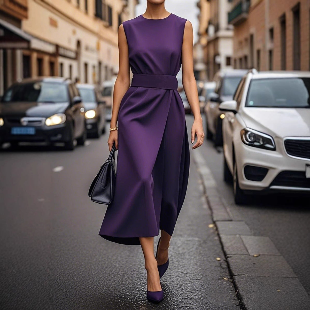 Women's elegant maxi dress with asymmetric cut and waist belt Ivyshape