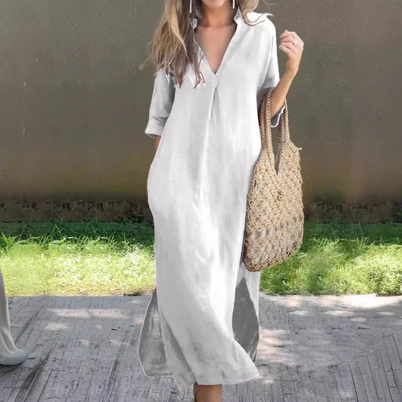 Women's Casual Maxi Dress with V-Neck and Practical Side Slits Ivyshape