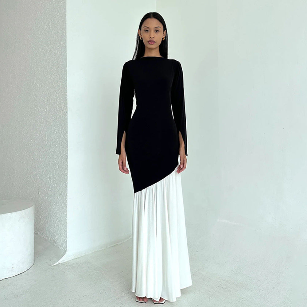 Women elegant, asymmetric maxi dress with long sleeves and color contrasts Ivyshape