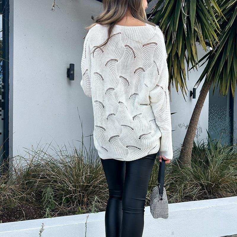 Ivyshape | Mid-Length White Sweater with Lace Stitching