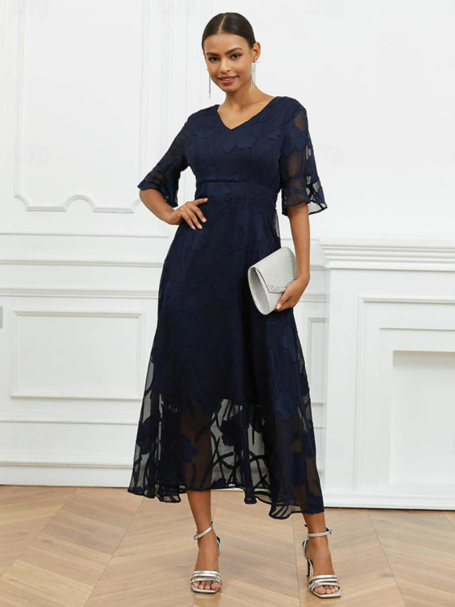 Ladies elegant midi dress with floral chiffon and V-neck Ivyshape