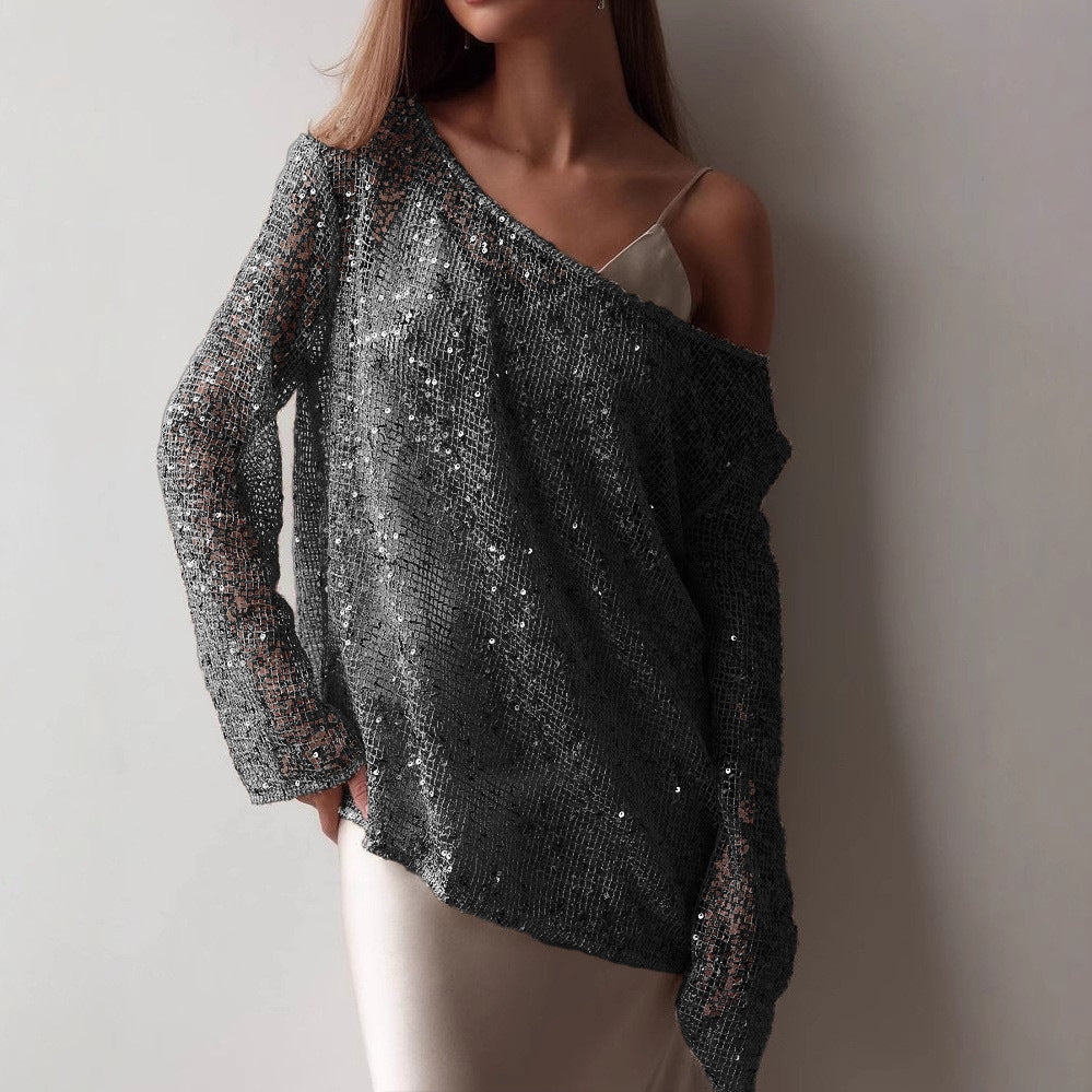 Women's Sparkling Evening Blouse with Asymmetrical Cut Ivyshape