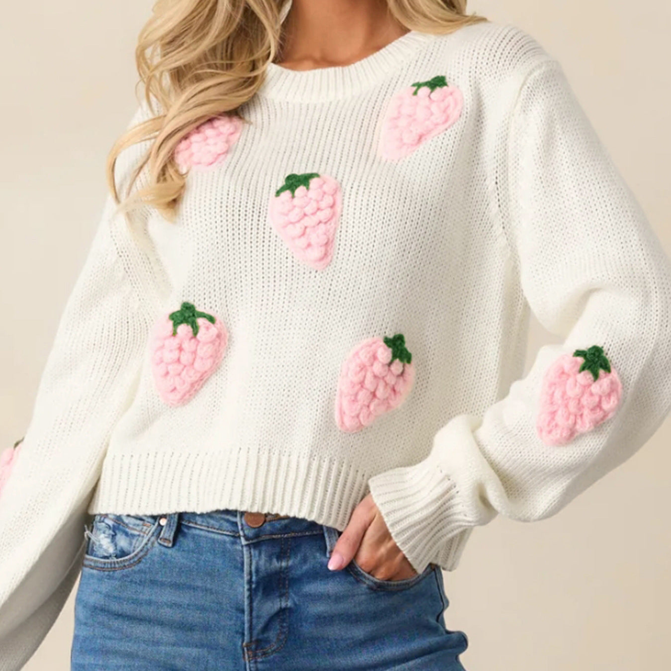 Women's knit sweater with strawberry appliqués and casual fit Ivyshape